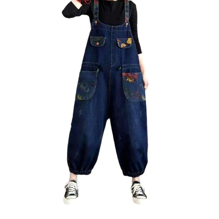 Baggy Y2k Denim Overall for Ladies - Dark Blue