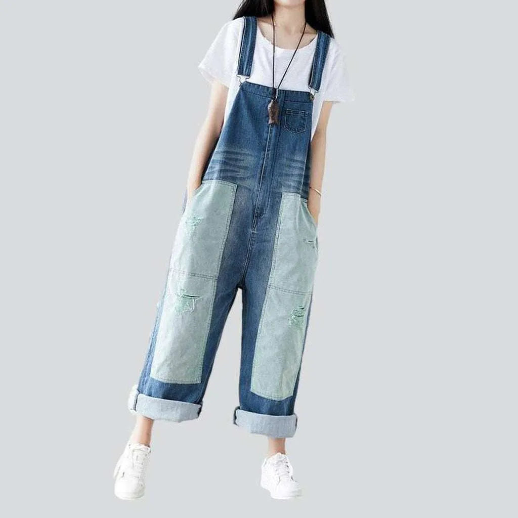 Contrast color women's denim overall