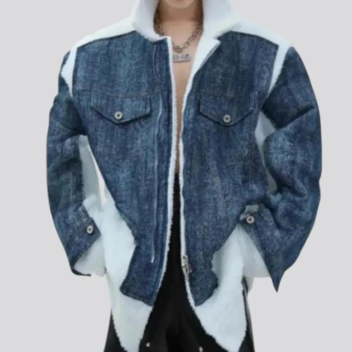 Stonewashed mixed style fleece men's jean jacket