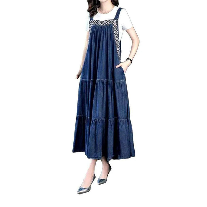 Bell-shaped Embroidered Denim Dress - Blue