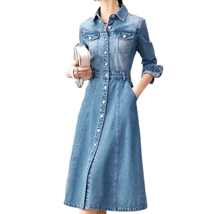 Bell-shaped Sanded Jean Dress - Light Blue