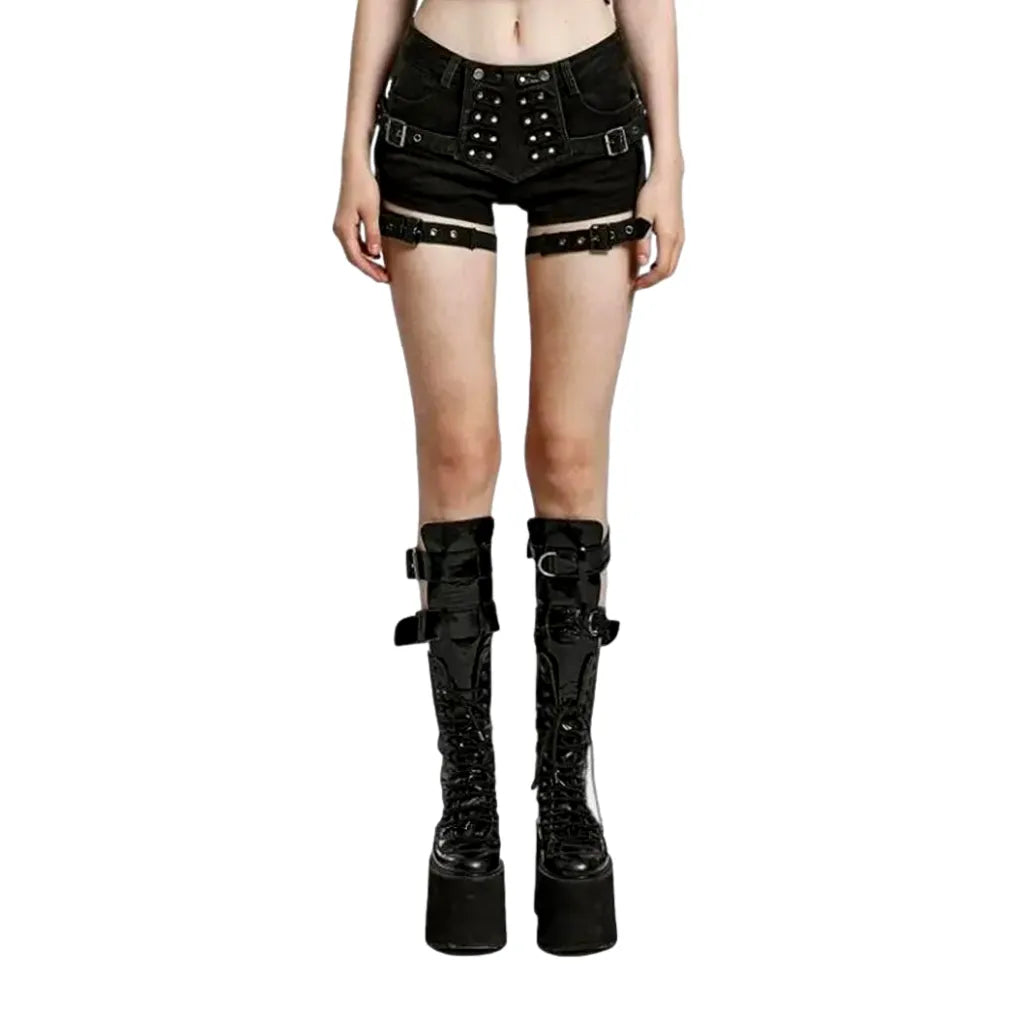 Black embellished jeans shorts for ladies