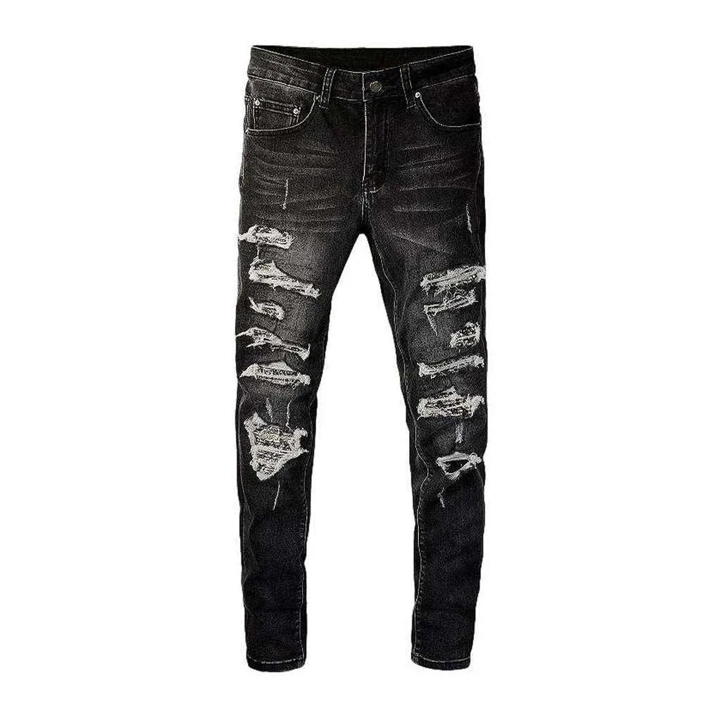 Black skinny distressed men's jeans