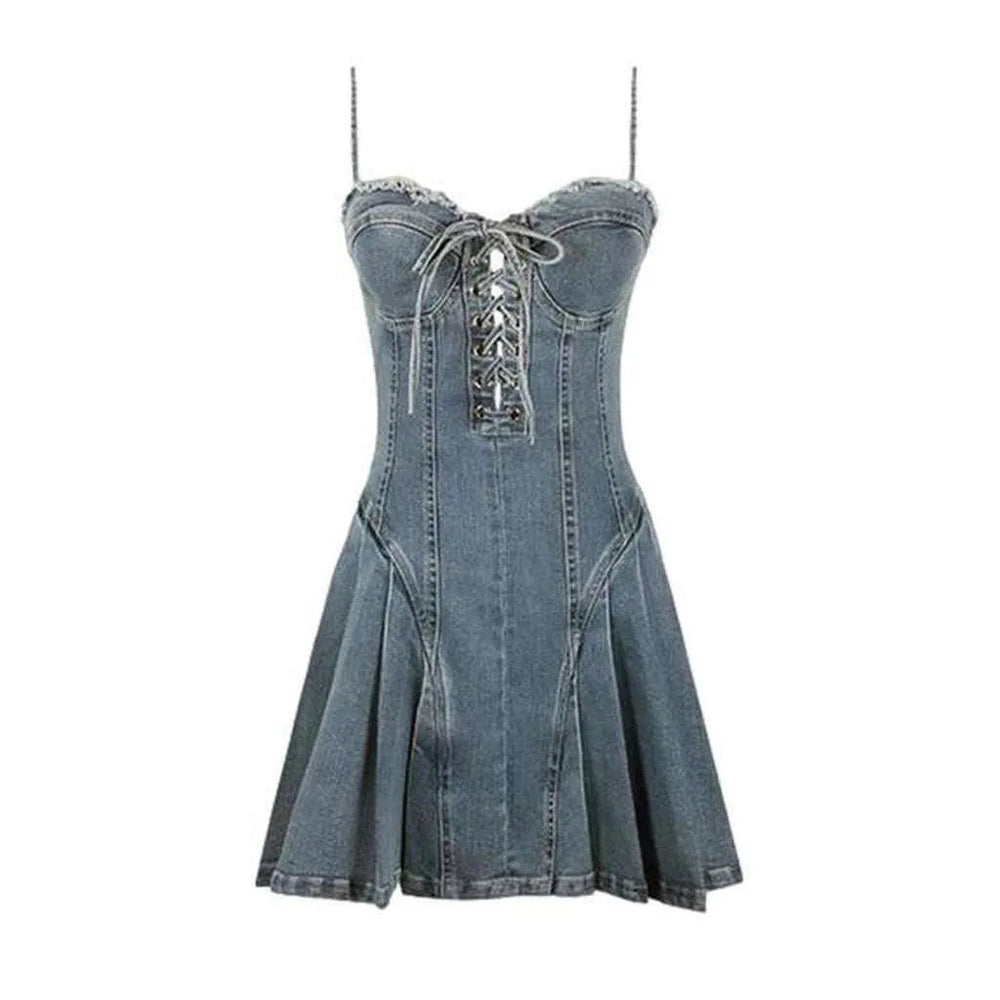 Bleached 90s Skater Denim Dress - Blue