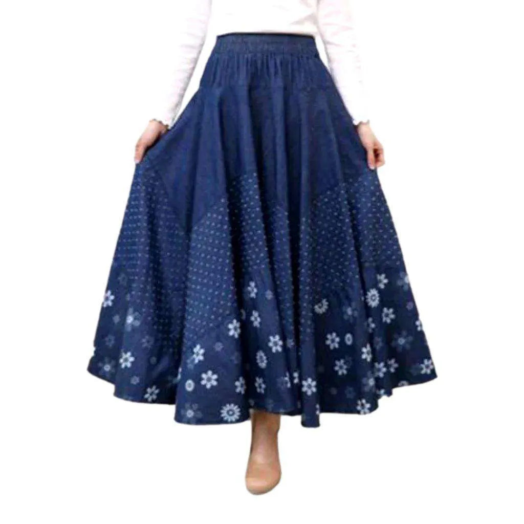 Boho chic long denim skirt