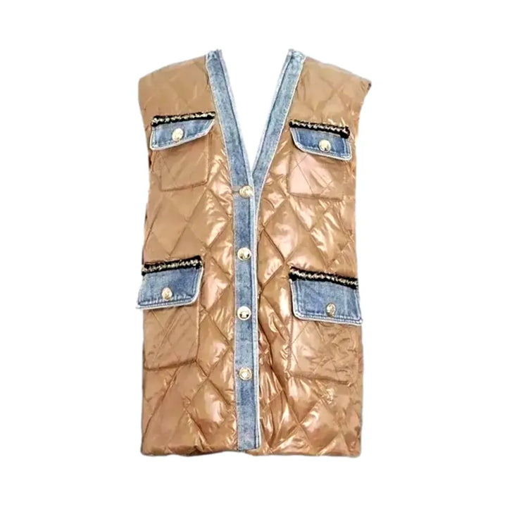 Fashionable Denim Puffer Vest for Women - Orange