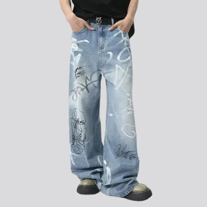 Painted men's floor-length jeans