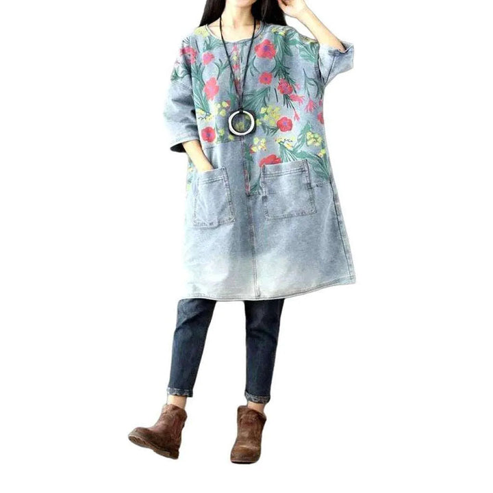 Caftan Painted Denim Dress - Light Blue