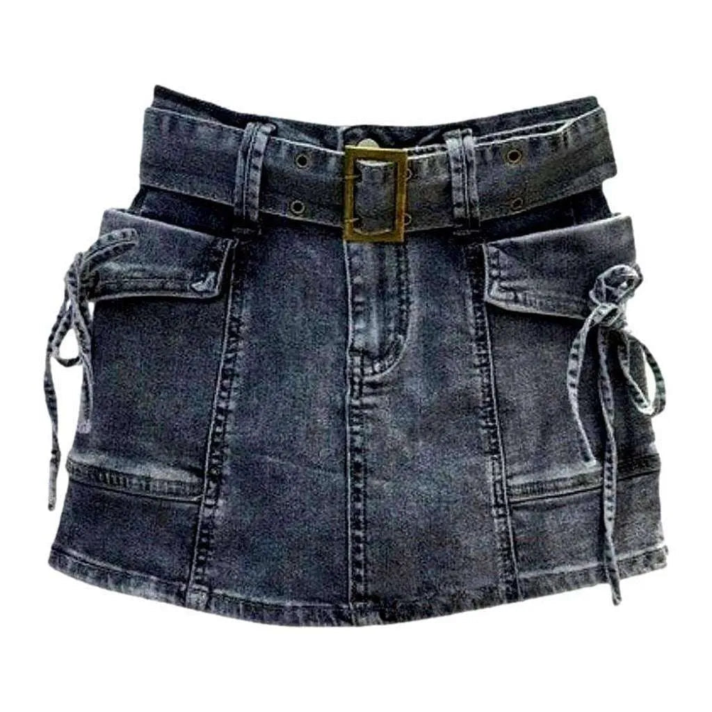 Cargo denim skirt with ribbons