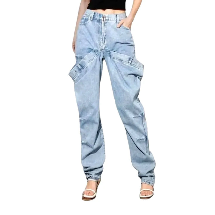 Boho Style Roomy Fit High-waist Women's Jeans - Light Blue