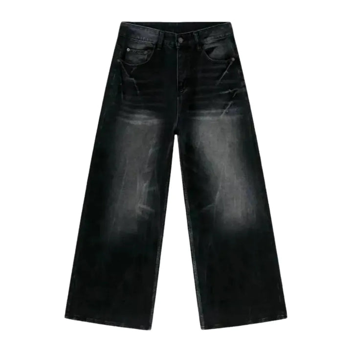 Vintage Street Style Whiskered Baggy Men's Jeans - Black