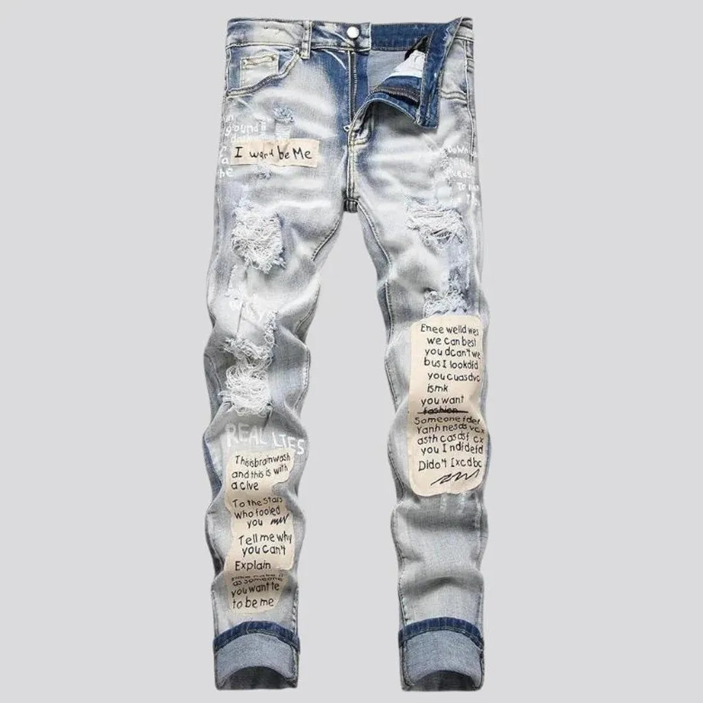 Skinny distressed patches men's jeans