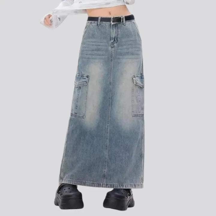 High-rise faded wash jean skirt