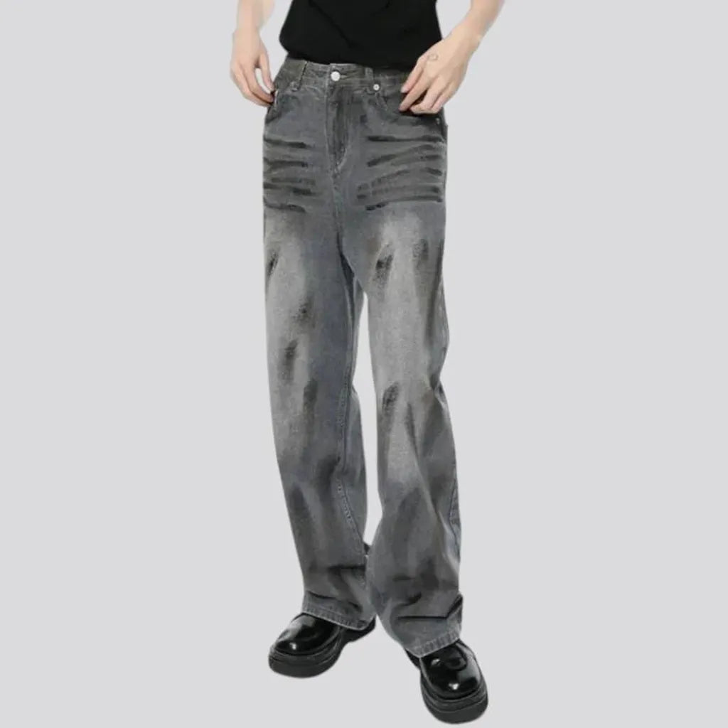 Baggy fit whiskered street jeans for men