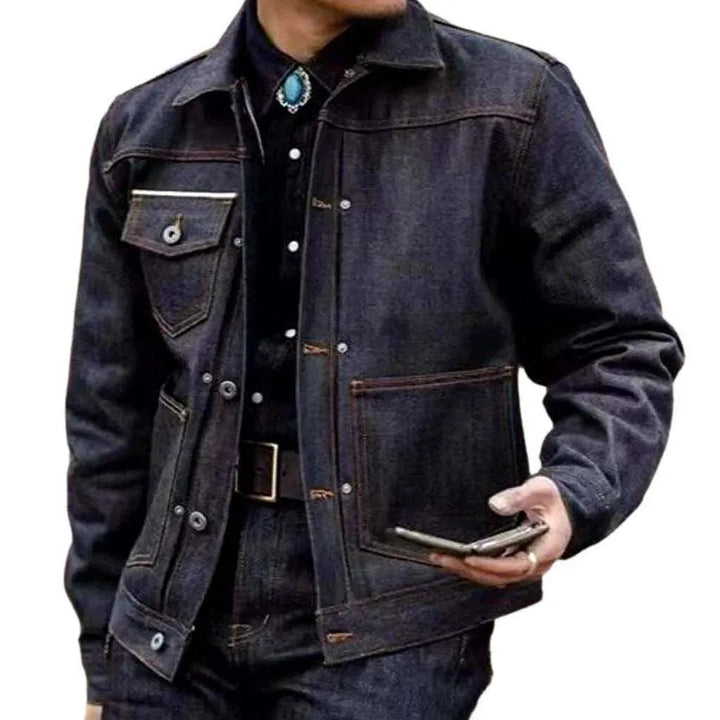 Contrast stitching raw men's jeans jacket