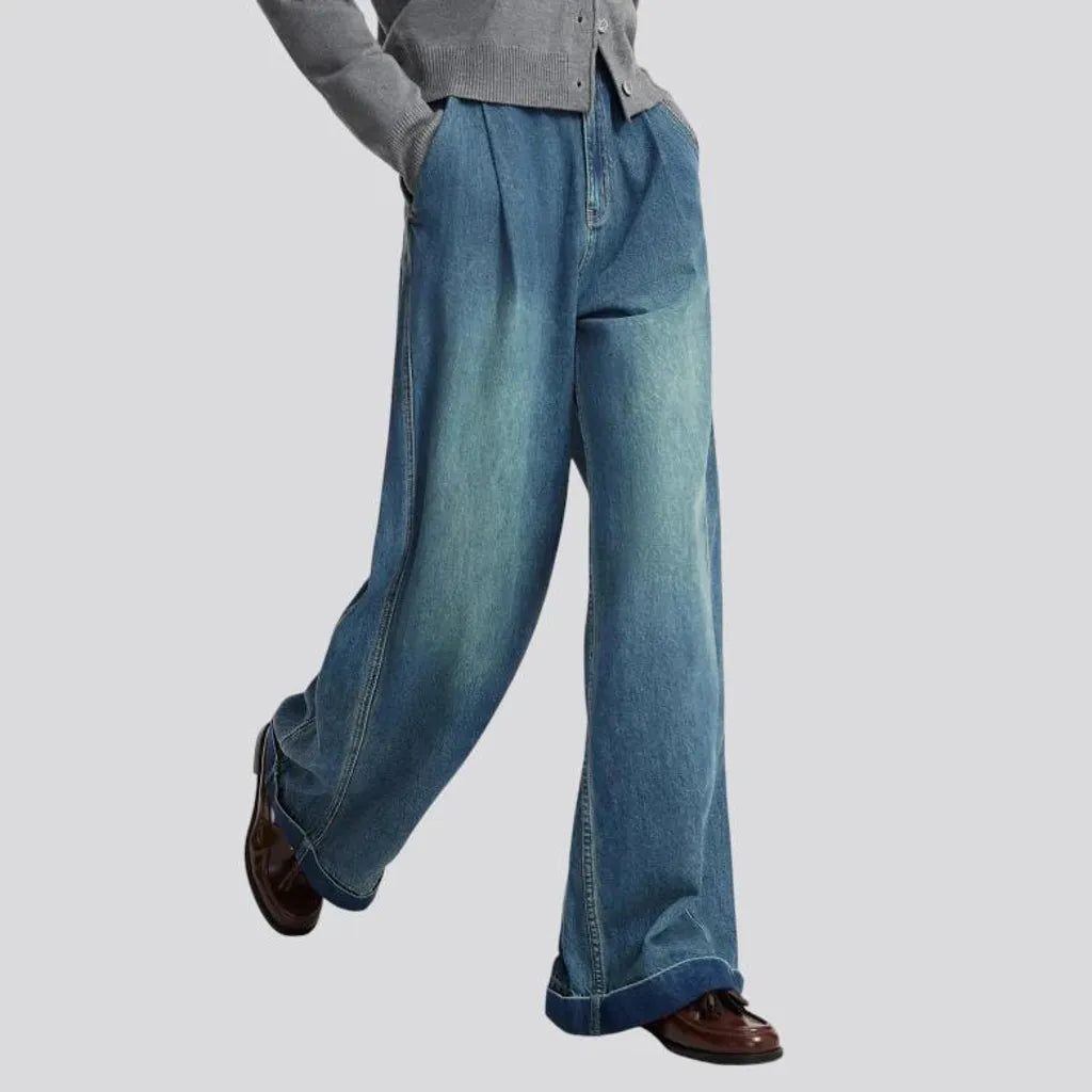 Stonewashed wide fit women's denim pants