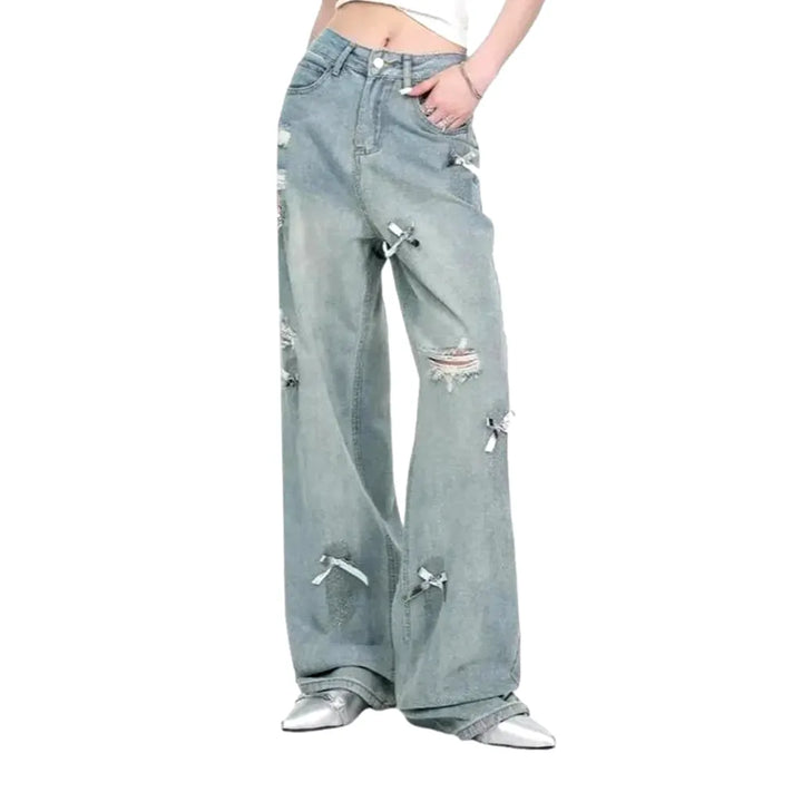 High Rise Aged Baggy Women's Jeans - Light Blue