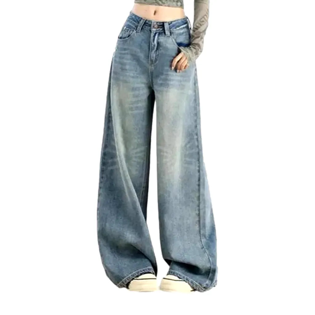 Loose Fit Aged Pattern Women's Jeans - Light Blue