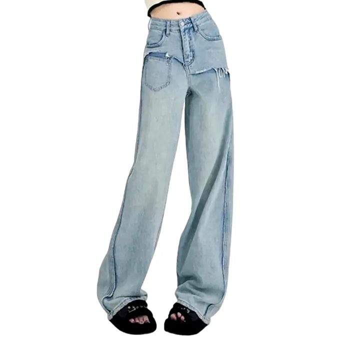 Retro Layered Wide Fit Jeans for Women - Light Blue