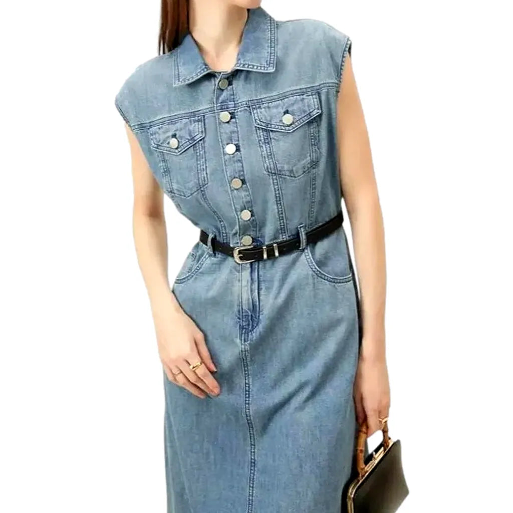 Lightweight Mid-length Faded Denim Dress - Light Blue