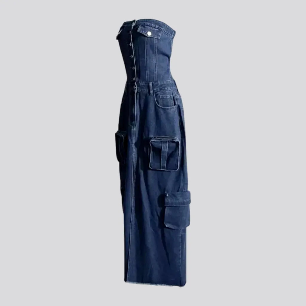 Cargo pockets boho maxi denim dress