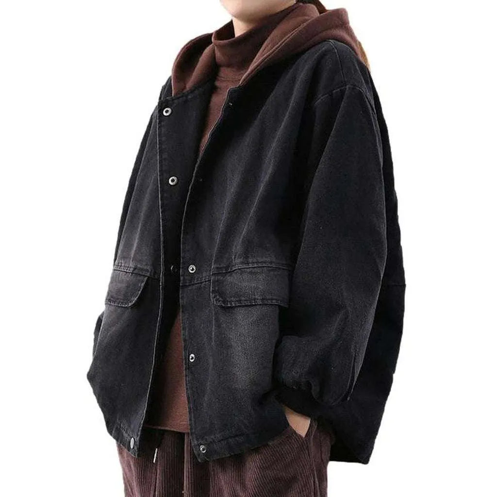 Denim bomber with brown hood