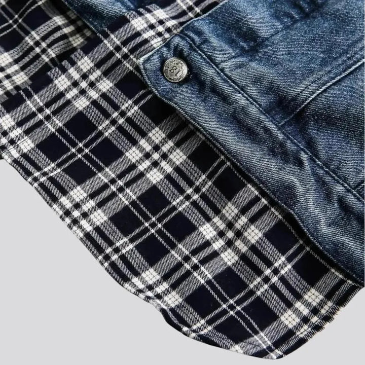 Faded mixed plaid boho jean jacket for men