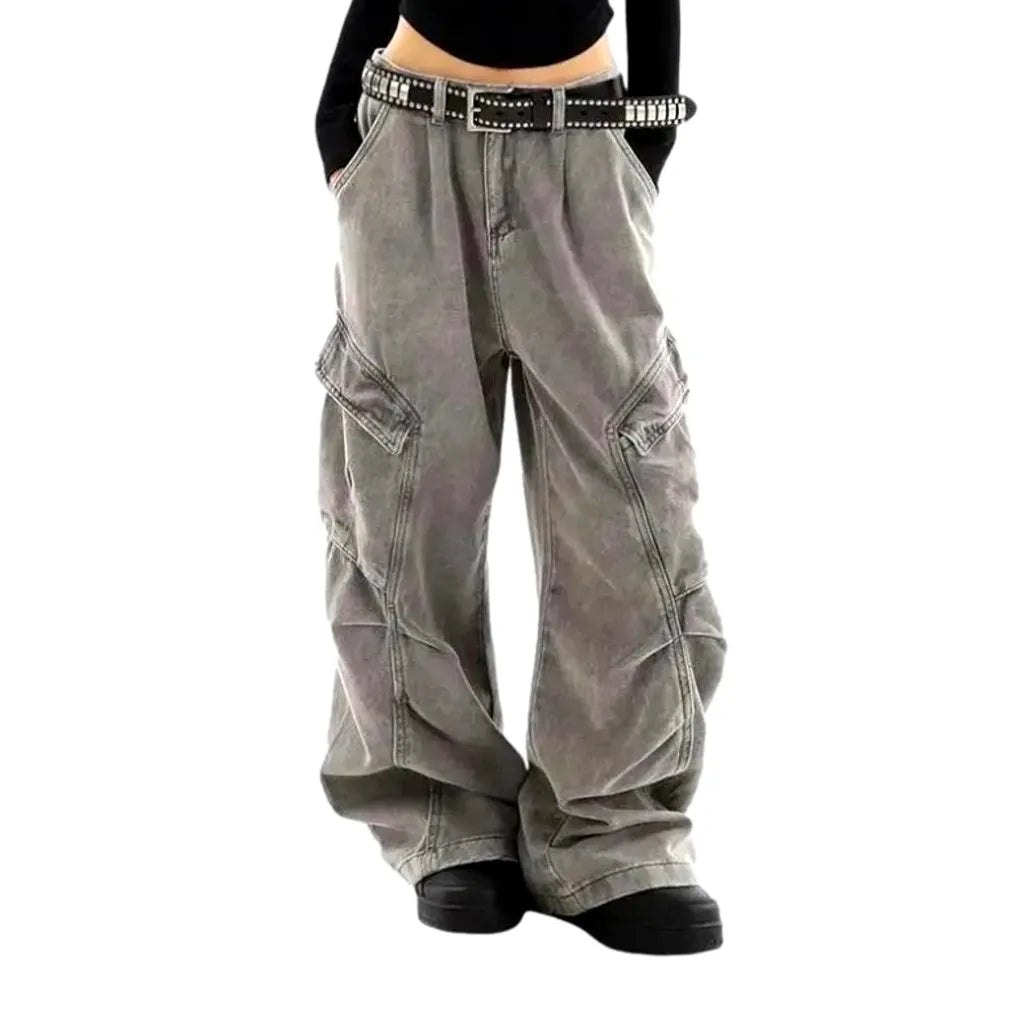 High Waisted Women's Denim Pants - Grey