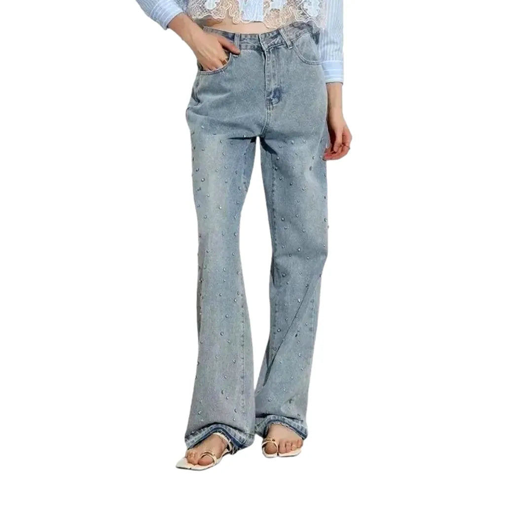 High Waisted Embellished Women's Jeans - Light Blue