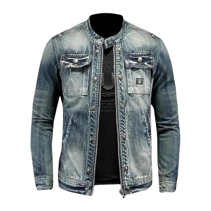 Sanded Biker Style Riding Denim Jacket for Men - Blue