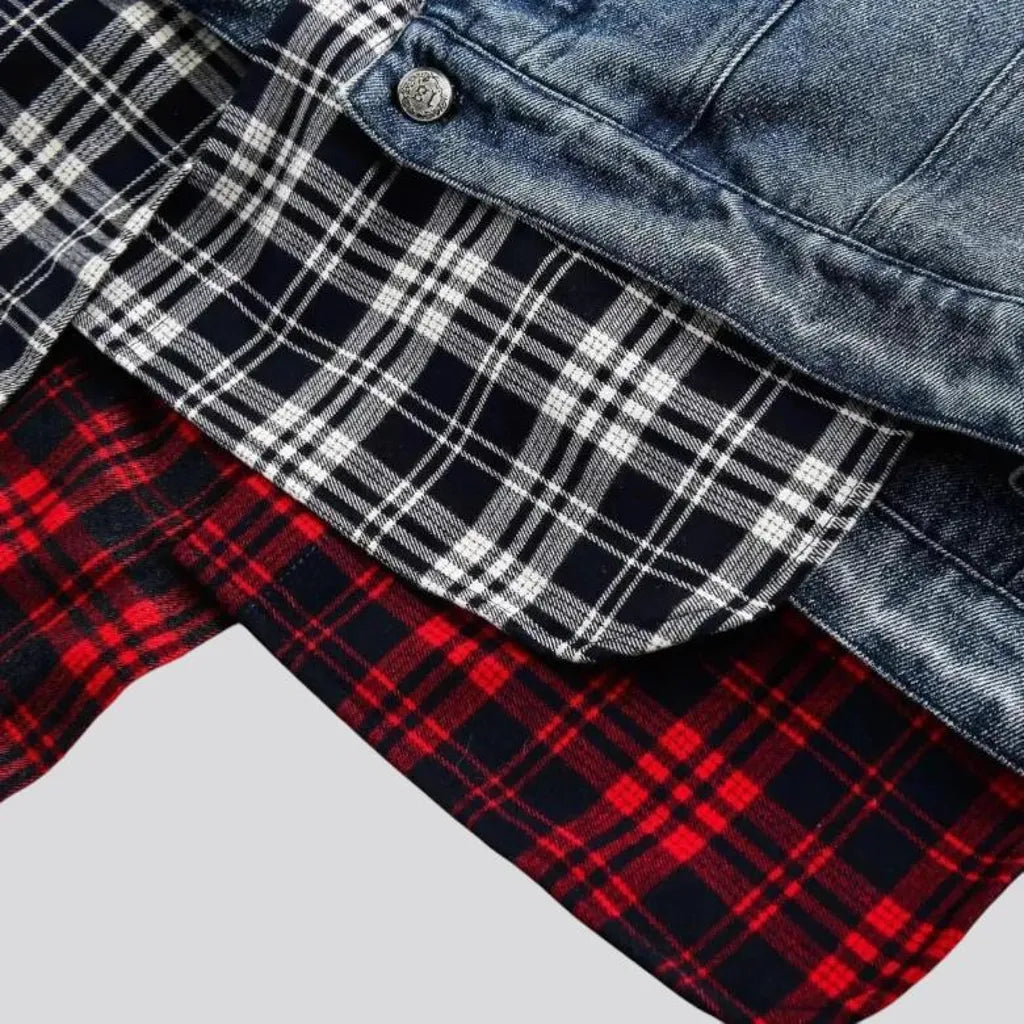 Faded mixed plaid boho jean jacket for men