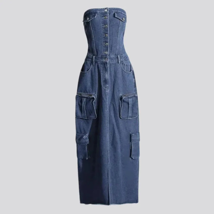 Cargo pockets boho maxi denim dress