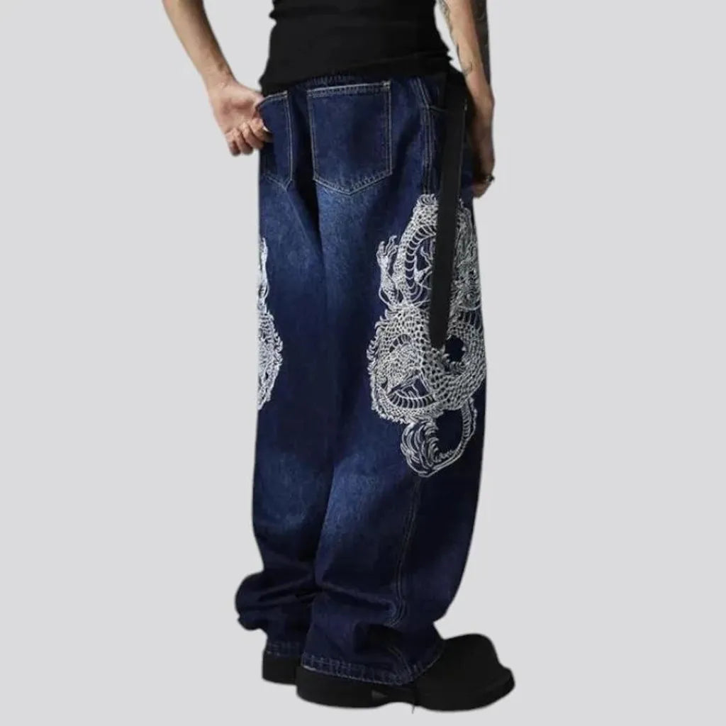 Embroidered baggy mid rise men's jeans