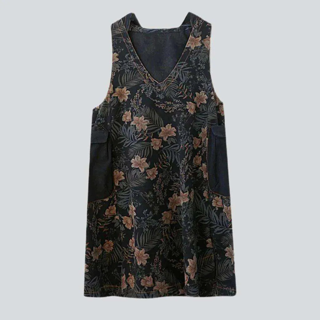 Flower print black denim dress