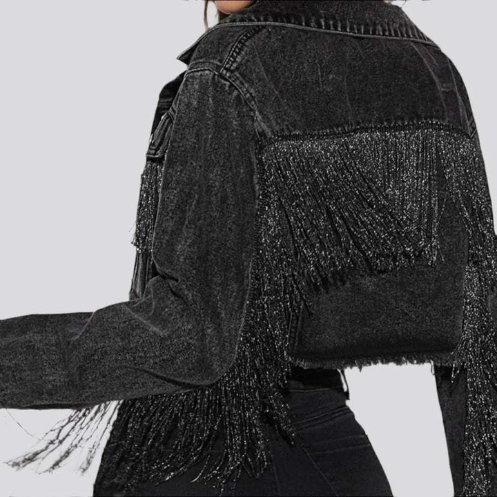 Fringe cropped women's denim jacket