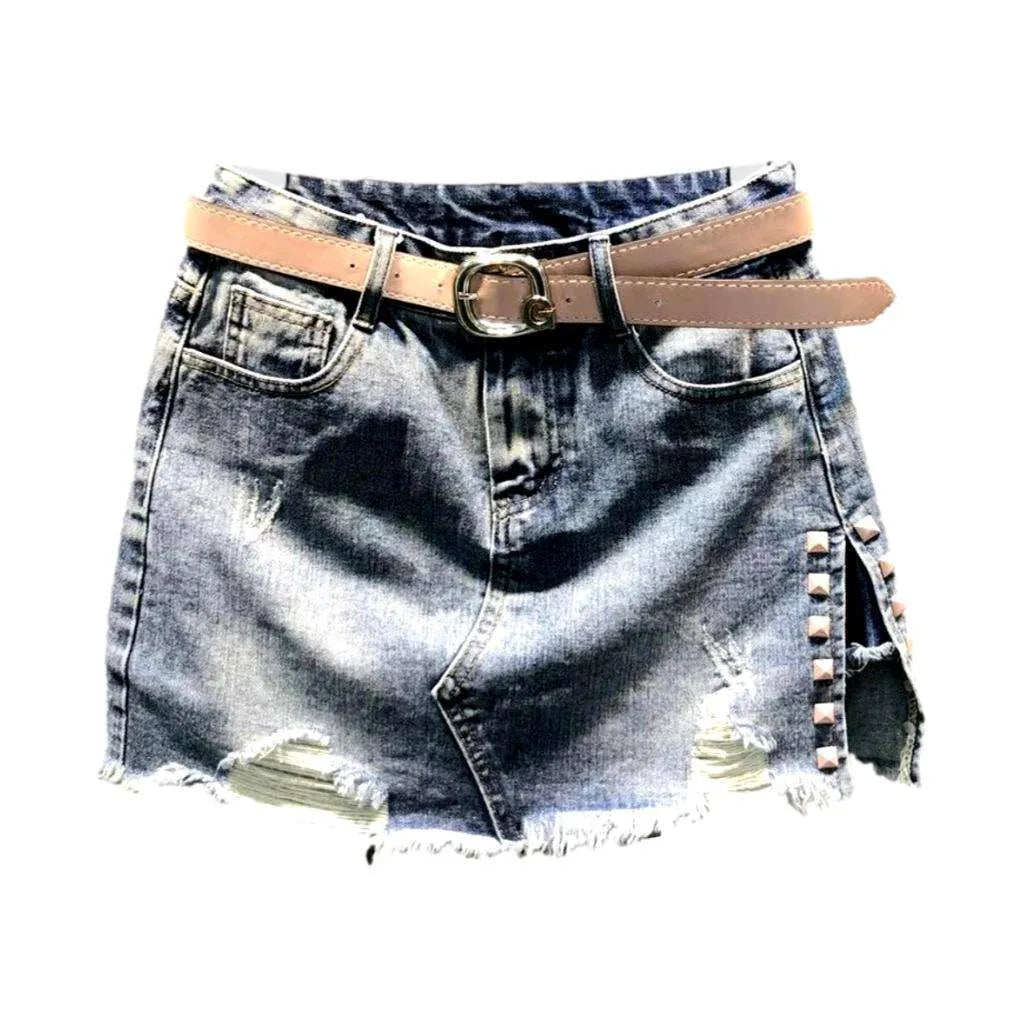 Embellished distressed denim skort