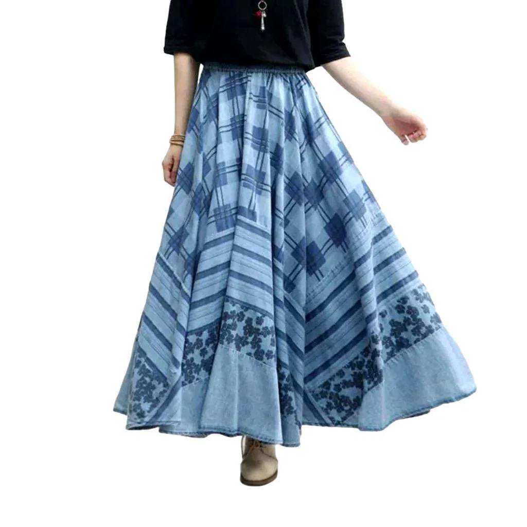 Embroidered flare maxi denim skirt