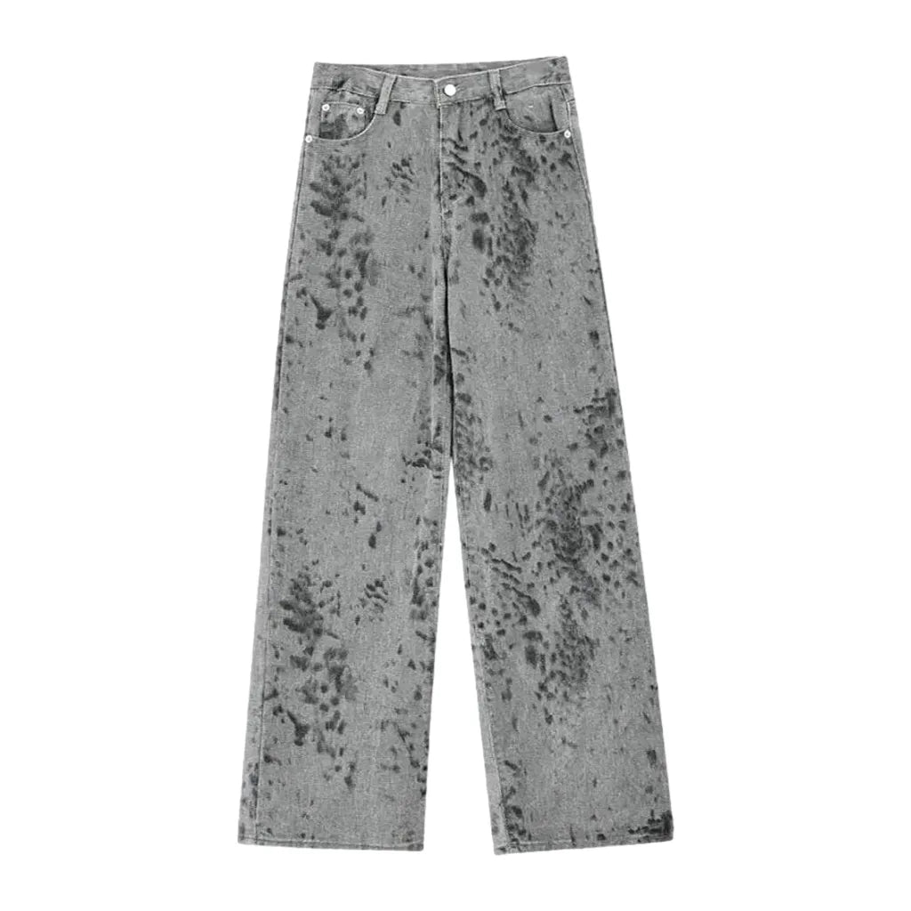 Fashionable High Rise Floral Wide Jeans for Ladies - Grey