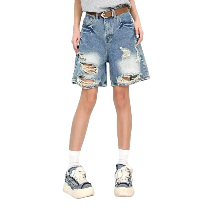 Sanded Slouchy High-rise Women's Denim Shorts - Light Blue