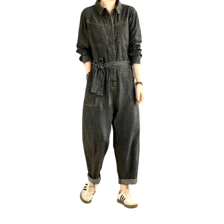 Stylish Stonewashed Women's Denim Jumpsuit - Black