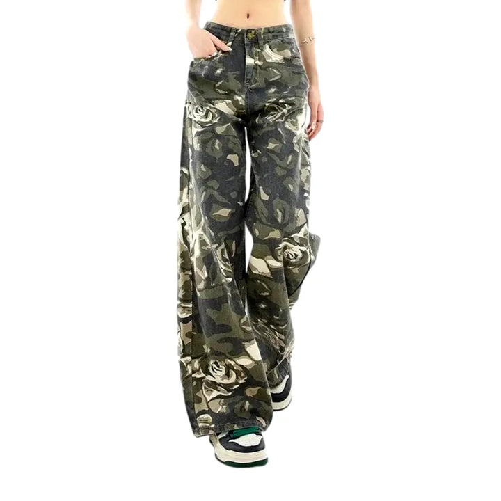 High Rise Baggy Fit Camouflage Jeans for Women - Khaki