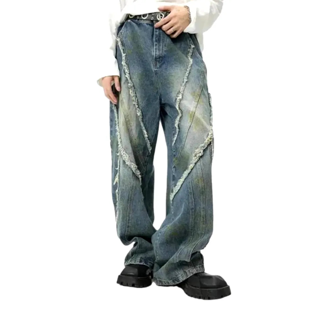 Floor-length mud-print jeans
 for men