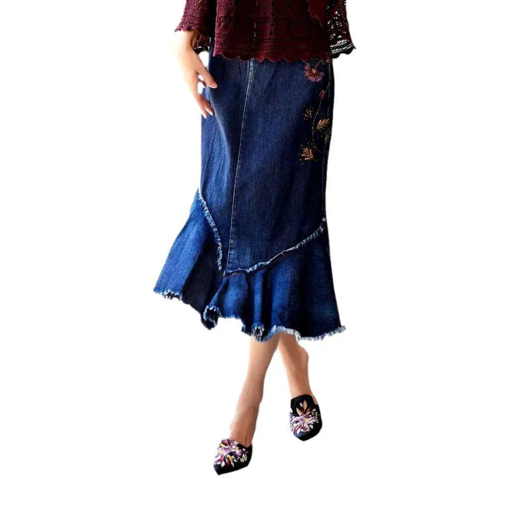 Flower embroidery denim skirt
 for women