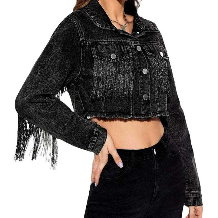 Fringe cropped women's denim jacket