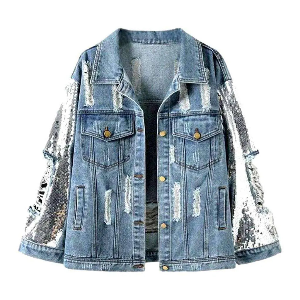 Fully distressed women's denim jacket