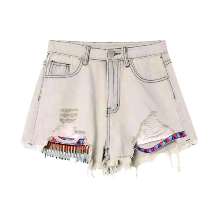Indian embroidery distressed denim shorts