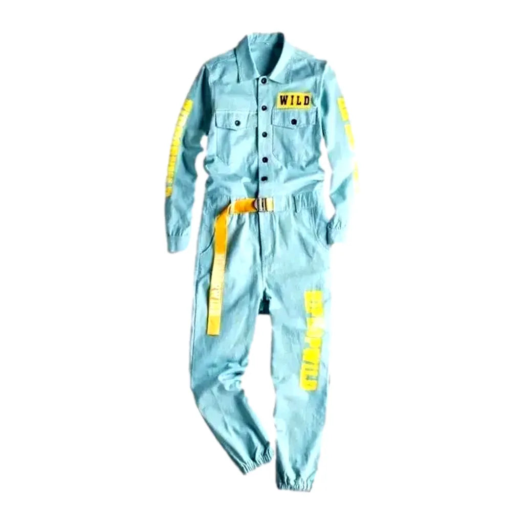 Painted Denim Men's Jumpsuit Overall - Light Blue