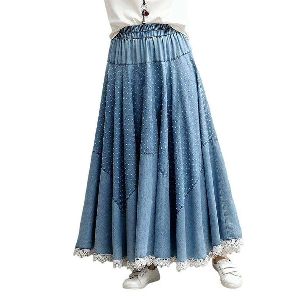 Lace hem embroidered denim skirt