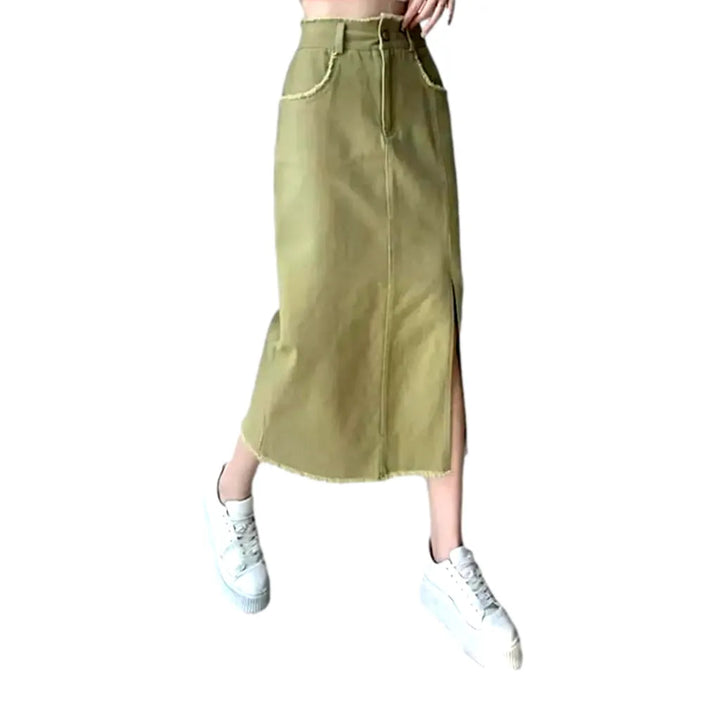 Long frayed-edges women's denim skirt