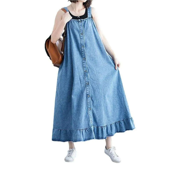 Long Light Wash Denim Dress - Blue